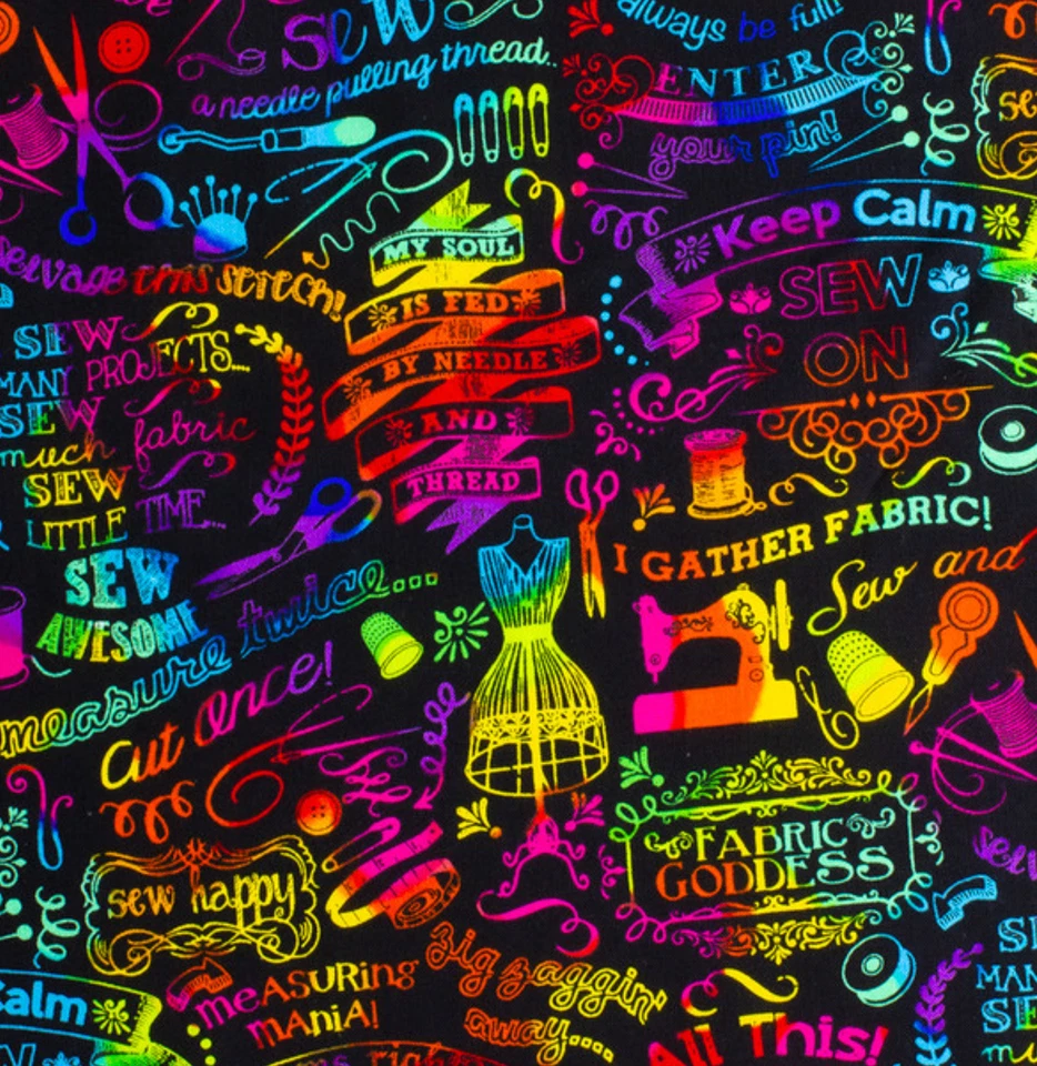 Diosa de la costura arco iris pizarra palabras tela de algodón 18" x 44" Foto 1 de 1