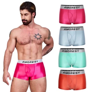 AMORESY Men Shiny Boxer Shorts Breathable Underwear Sport Satin Smooth Underpant - Picture 1 of 24