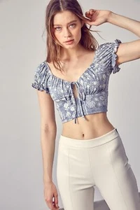 Idem Ditto Paisley Blue White Crop Top Short Sleeve Medium NEW with Tags - Picture 1 of 5