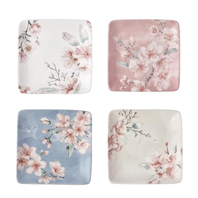 Spring Sakura 6 inch Ceramic Square Appetizer Plates Set, Set of 4, Microwave... - Image 1 of 3