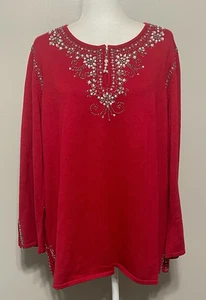 Quacker Factory Sweater Women 1XL Red Beaded Embellished Sequin Holiday Top Art - Picture 1 of 8