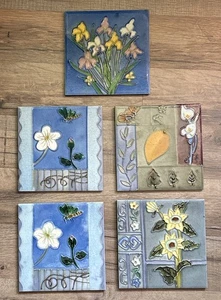 Set Of 5 Wall Art Tile Flowers Butterflies 6” Decorative Ceramic Backsplash - Picture 1 of 14