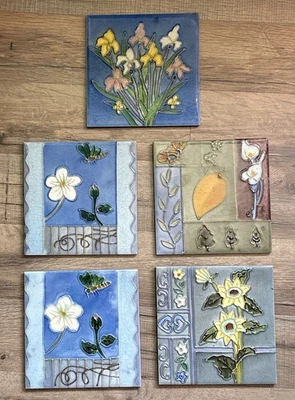 Set Of 5 Wall Art Tile Flowers Butterflies 6” Decorative Ceramic Backsplash - Image 1 of 4