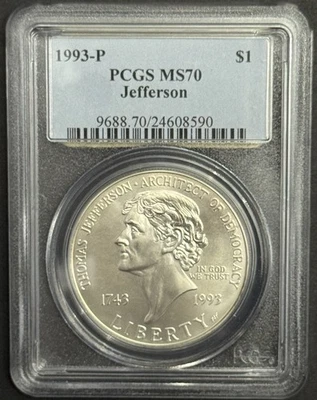 1993 Thomas Jefferson Commemorative Silver UNC Dollar PCGS MS70 - Image 1 of 4