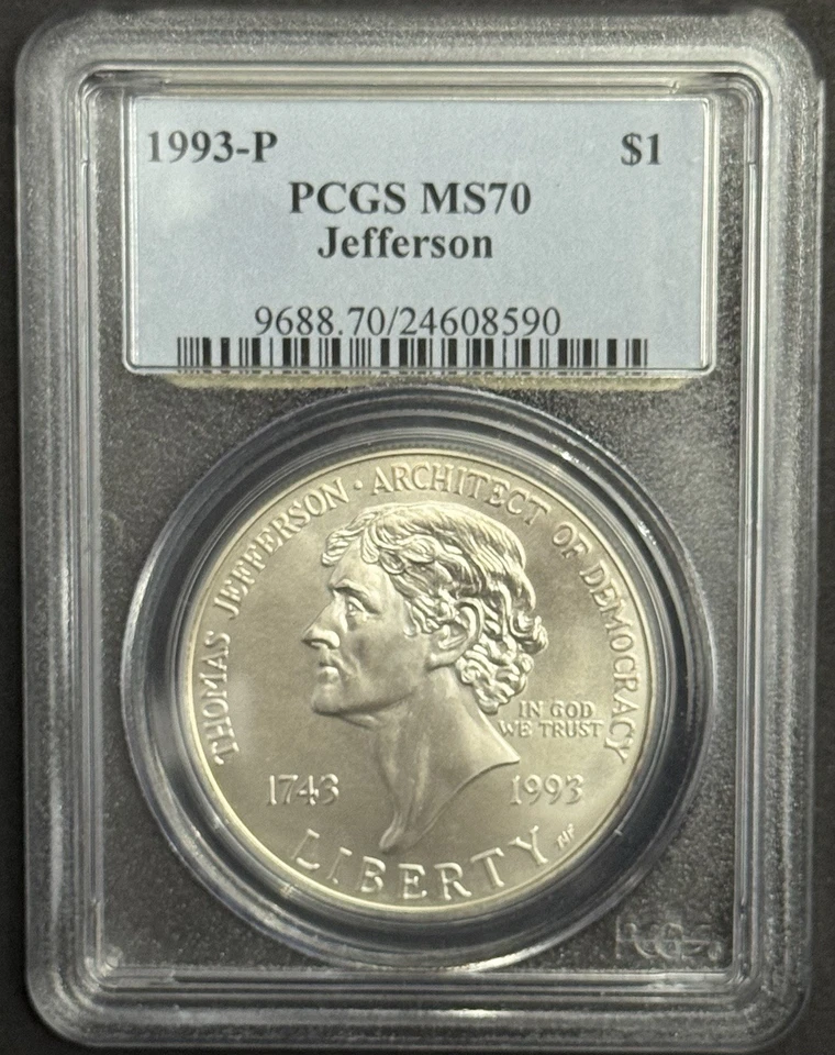 1993 Thomas Jefferson Commemorative Silver UNC Dollar PCGS MS70 - Image 1 of 4