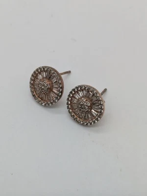 Rose Gold Plated Sterling Silver Pave Baguette CZ Circle Disc Post Earrings - Image 1 of 4