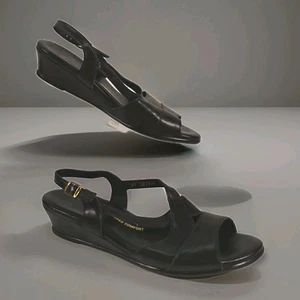 SAS Womens 9.5 S Black Leather Strappy Wedge Heel Sandals Shoes Narrow - Picture 1 of 8