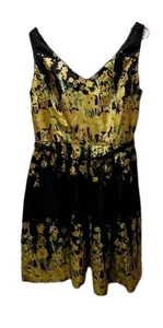 Danny And Nicole Belted Dress Women Size 14 Fit And Flare Black Yellow Flowers - Picture 1 of 9