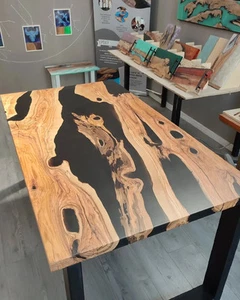 Custom Black Epoxy Table Top – Handmade Resin River Table with Live Edge Wood - Picture 1 of 6