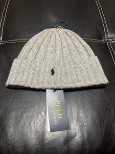 Polo Ralph Lauren Hombre Gris Claro/Azul Marino Poni Mezcla de Lana Logo Acanalado Puño Gorro - Imagen 1 de 6