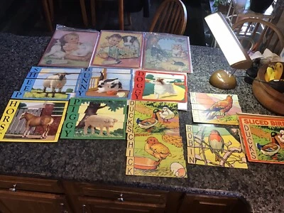 ANTIQUE CHILDRENS TRAY PUZZLES LOT WALZER Charlotte Becker Babies Sliced Animals - Image 1 of 4