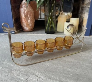 1950s Atomic Era Six Shot Glasses In Wire Frame Gondola Holder Italian MCM - Picture 1 of 13