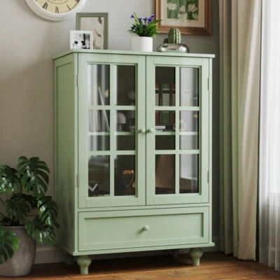 Modern Wooden Buffet Cabinet with Double Glass Doors and Drawer,Mint Green - Image 1 of 4