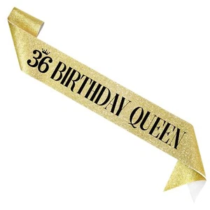 36 Birthday Queen 36th Birthday Sash for Women Gold Glitter Sash with Black Foil - Picture 1 of 5