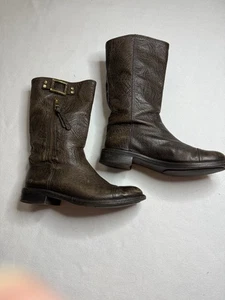 Tory Burch Pebbled Brown Leather STOWE Moto Boots Gold Hardware Womens Size 6.5 - Picture 1 of 20