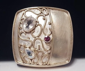 MICHOU Multi Gemstone Sterling Silver Brooch Pendant 925 Gold Overlay Signed Vtg - Picture 1 of 12