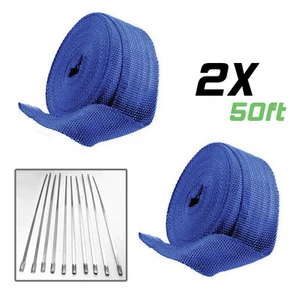 2 Roll x 50FT Blue Exhaust Turbo Header Manifold Thermal Heat Wrapw/20 Tie Kit - Picture 1 of 1