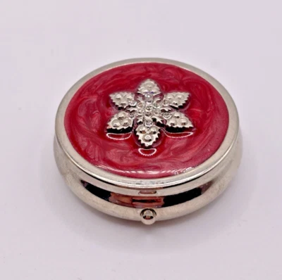 Rhinestone Flower Pill Box Burgundy and Silver Toned - Image 1 of 4