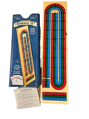 Vintage 2002 Cribbage Board Solid Wood Metal Tin Case Game Set - Image 1 of 4