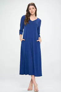 VESTIDO CUELLO EN V JOSTAR AZUL MARINO Poly Spandex 3/4 SL TEJIDO ELÁSTICO Bolsillo S M L XL 2X 3X - Imagen 1 de 5