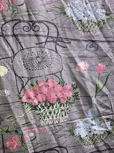 VTG Bark Cloth Curtain Black Wrought Iron Chair Pink Blue Roses on Grey **AS IS* - Picture 1 of 13
