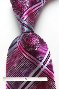 New Classic Checks Plaids Pink Gray JACQUARD WOVEN 100% Silk Men's Necktie Tie - Picture 1 of 6