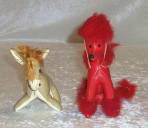 2 VTG Leatherette Plush Vinyl Stuffed Toys Japan Red Poodle Tan Donkey - Picture 1 of 7