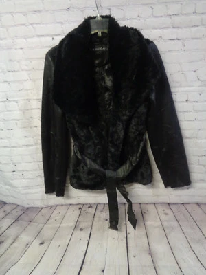 ! Chaqueta para mujer Via Spiga de piel sintética negra con cinturón talla S pequeña Foto 1 de 4