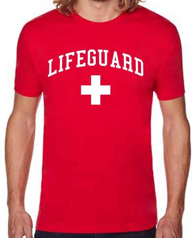 全新无标签男式印花红色救生员海滩安全泳池棉 T 恤尺寸 — 第 1/1 张图片