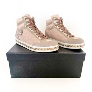 Chanel High Top CC Chain Sneakers EU 37.5 US 6.5-7 Pink Tweed Tan Lace Up Bootie - Picture 1 of 15