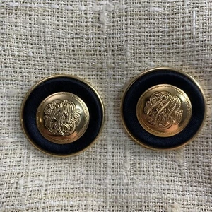 Vintage 1980s Gold Tone Black Fabric Crest Statement Pierced Earrings Career 1" - Picture 1 of 6