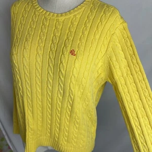 VTG Lauren Ralph Lauren Womens LARGE Yellow 100% Cotton Cable Knit Sweater LRL - Picture 1 of 14