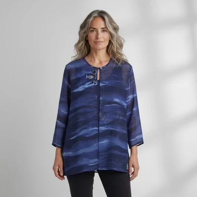 K.D. Spring Sheer Navy & White Batik Fish Print Jacket Artsy Rayon Crepe Size M - Image 1 of 4