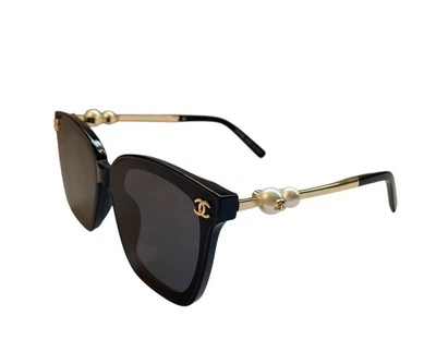 Authentic Chanel Pearl Detail Oversized Black Sunglasses With Case - Image 1 of 4
