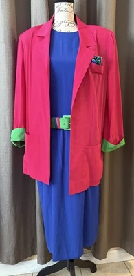 LESLIE FAY Belted Purple Dress Set 2pc Pink Jacket USA Made Vtg Cottagecore 14 - Image 1 of 4