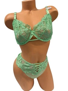 Victorias Secret Dream Angels Unlined Bra Set 36DD Large Green Floral Lace - Picture 1 of 6