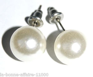 BOUCLES D'OREILLES BOULE IMITATION PERLE DE CULTURE FANTAISIE 1,2cm BLANC NACRE - Picture 1 of 1