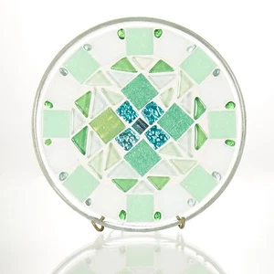 Mosaic Candle Holder/Plate Trivet - Greens, White, Quilt Design - Picture 1 of 3