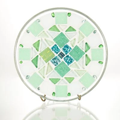 Mosaic Candle Holder/Plate Trivet - Greens, White, Quilt Design - Image 1 of 3