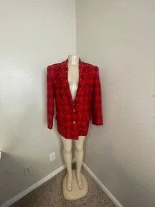 Criscione Sports Coat Women Medium Red Windowpane Beaded Notch Lapel Long Sleeve - Picture 1 of 11