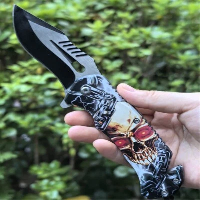Hoja de cuchillo de rescate plegable de bolsillo asistido abierto con resorte cadena calavera táctica Foto 1 de 4
