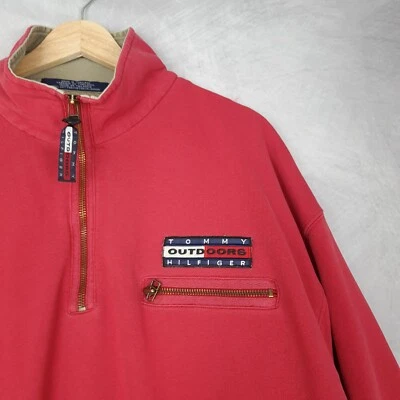 Moletom masculino vintage Tommy Hilfiger grande vermelho 1/4 zíper pulôver ao ar livre anos 90 - Imagem 1 de 4