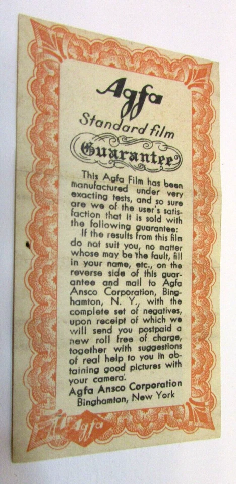 Старая антикварная маленькая бумага 1920-х годов Agfa Ansco Corporation стандартная пленка гарантия 2x4 - Изображение 1 из 1