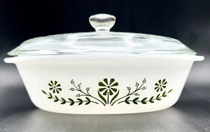 Vtg Glasbake J-235 Milk Glass 1 Qt Oval Green Flowers Casserole Dish w/Lid - Picture 1 of 12