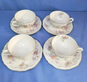 Haviland Cup & Saucer HELENE Gold Trim Set of 4 Yellow & Pink Roses - Picture 1 of 9