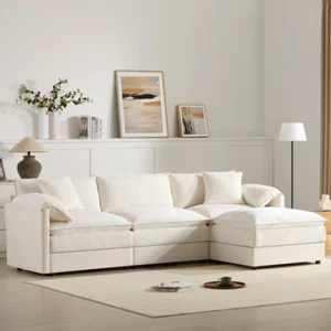 L-Shaped Chenille Sectional Sofa 4-Seat Cloud Couch w/ Ottoman & Deep Seat - Picture 1 of 12