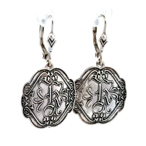 Designer Shavarsh K 925 Sterling Silver Cursive K Scroll Disc Leverback Earrings - Picture 1 of 10