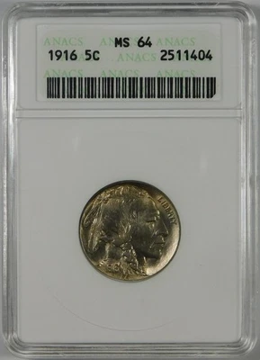 1916 5c Indian Head Buffalo Nickel ANACS MS64 - Image 1 of 2