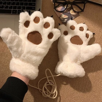 Fashion Warm Women Winter Gloves Bear Paw Furry Mittens Cute Cartoon Cat