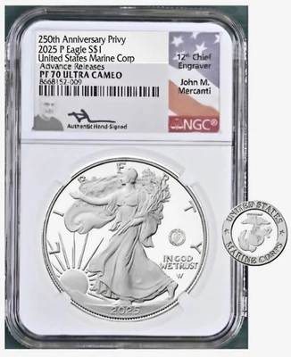 2025 P ASE 250th ANNIVERSARY OF THE MARINES PRIVY NGC PF70 AR MERCANTI PreSale  - Image 1 of 3